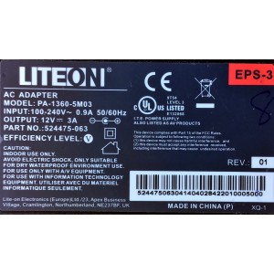 ADAPTADOR LITEON VCA EPS-3 / NUMERO DE PARTE 524475-063 / MODELO PA-1360-5M03 / ENTRADA VCA 100-240V～50-60Hz / SALIDA VCD 12V-3A 	